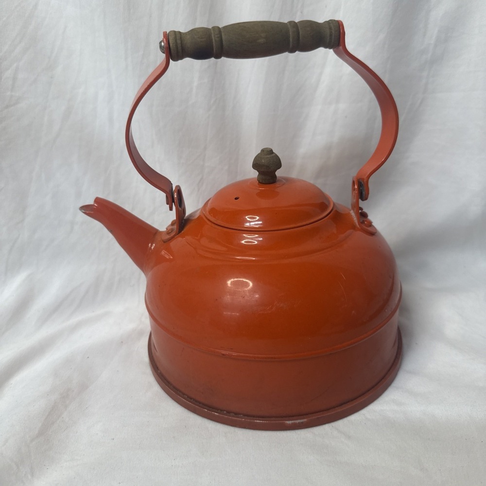 Vintage MCM Enamel Tea Kettle Teapot Lid Wood Handle EnamelWare Fiesta Orange